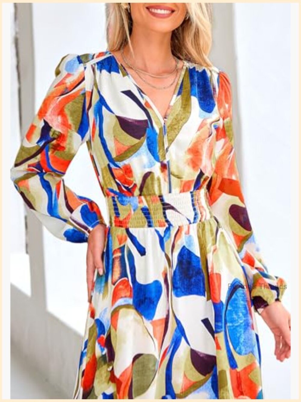 Women's Floral Midi Dress V Neck Long Sleeve Flowy A-Line - Picture 5 of 7